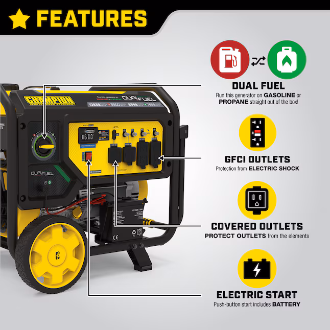 champion power equipment co shield electric start 10625 / 8500 watt gasoline/liquid propane dual fuel portable generator champion power equipment co shield electric start 10625 / 8500 watt gasoline/liquid propane dual fuel portable generator